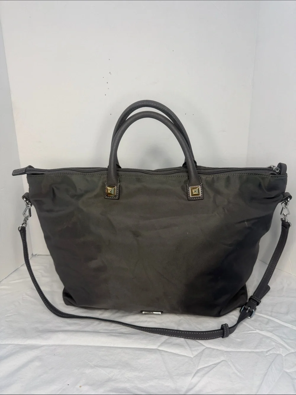 REBECCA  MINKOFF  MOTT  GRAY  NYLON  LEATHER  HANDLE  TOTE  BAG